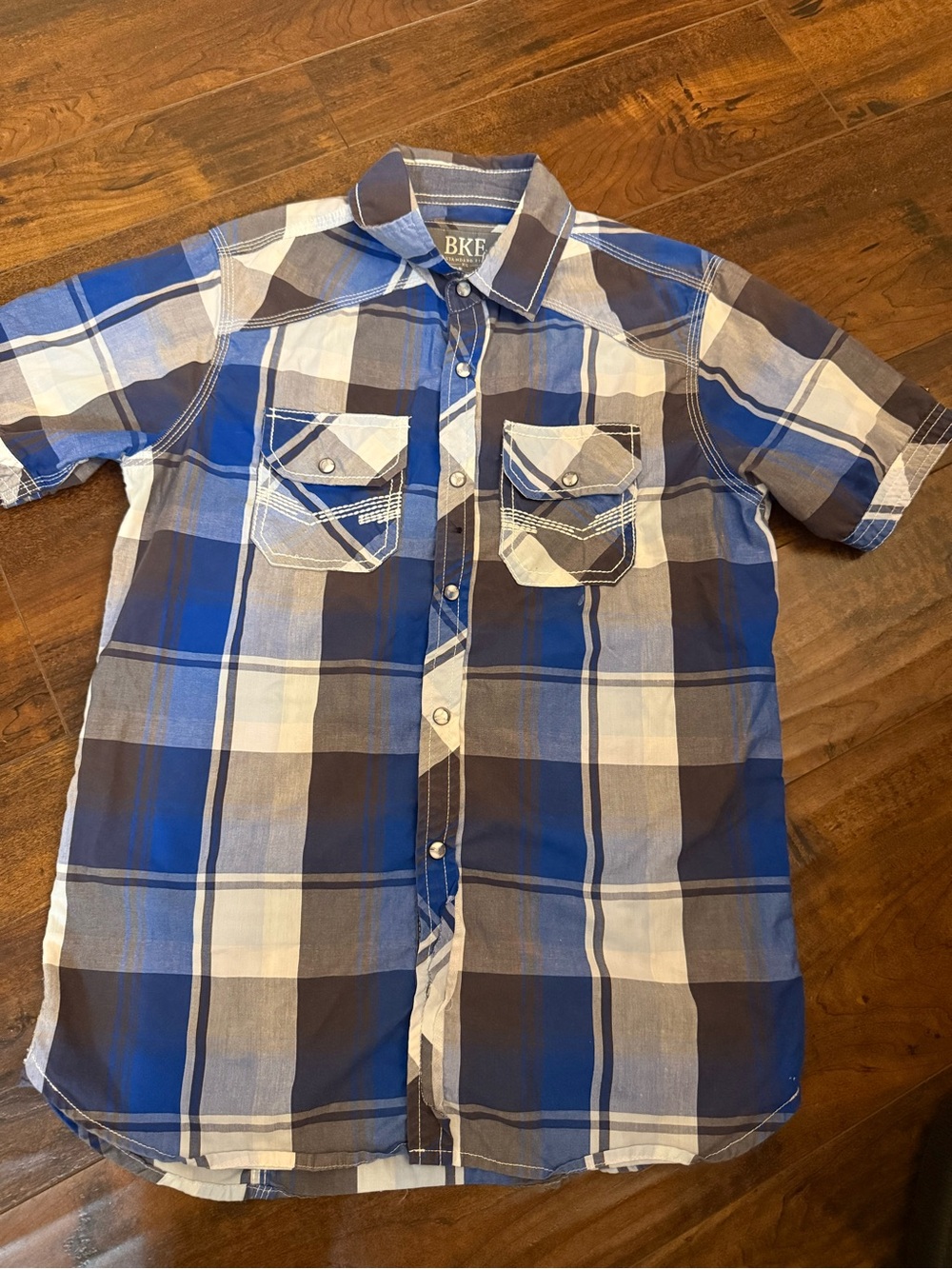 BKE Standard Fit Boy's Western Short Sleeve Pearl Snap Shirt Size XS Blue Plaid